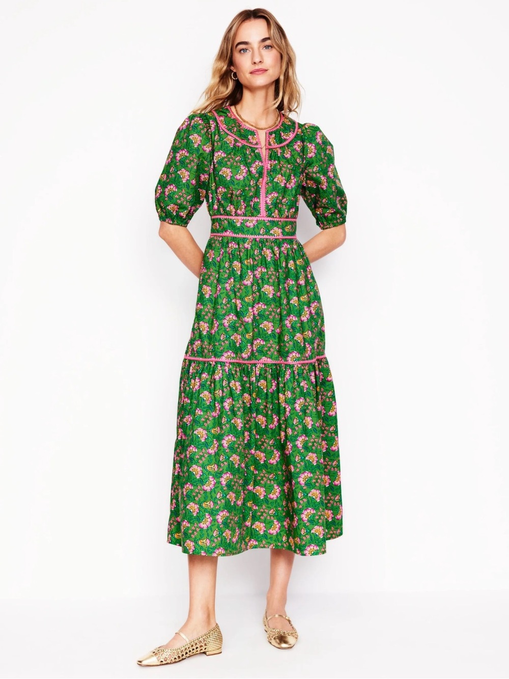 Boden Green Floral-Print Embroidered Midi Dress with Pink Trim - Picture 2 of 8